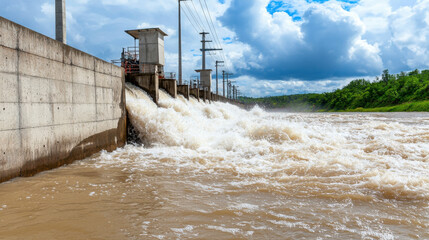 dam with high water levels and powerful waves cascading over edge, showcasing force of nature against backdrop of blue skies and clouds