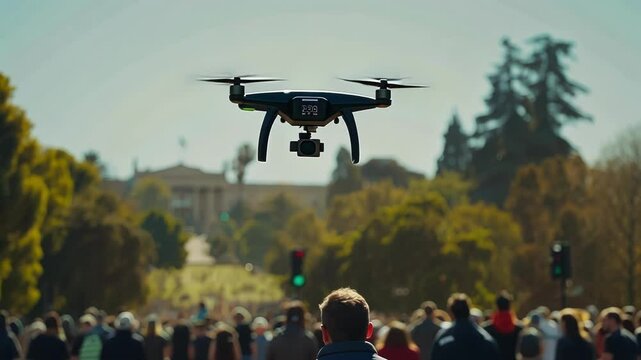 Drone is flying over a large crowd of people gathered in a public park, capturing aerial footage of the event and ensuring the safety and security of the attendees
