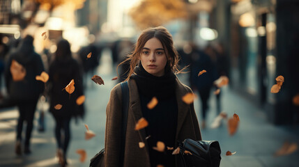 Fototapeta premium Young Woman Walking in Autumn with Falling Leaves