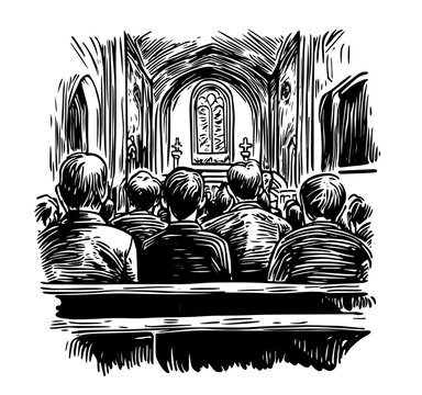 Hand-drawn Christmas Eve Mass scene in classic church setting &ndash; black vector
