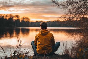 Man practicing yoga and enjoying the sunset over a lake