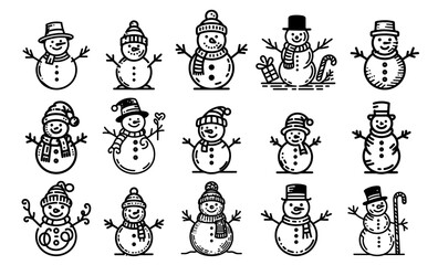 Fototapeta premium retro holiday snowman with stick arms and hat – black vector