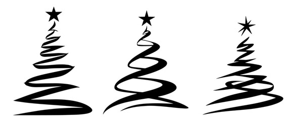 swirling Christmas tree silhouettes in modern style, embodying the essence of the season black vector