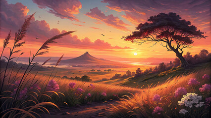 Peaceful autumn scene with a winding path and colorful trees. Warm, autumnal landscape with a beautiful sunset.