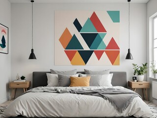 minimalist wallpaper depicting a bed in a bedroom, with a decorative wall with abstract words. Modern scene.
