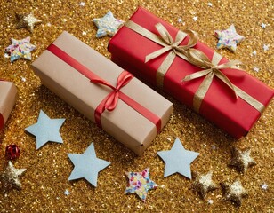 Festive gift boxes with ribbons on a sparkling golden background, perfect for the holiday season.