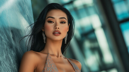 Beautiful Woman with Long Black Hair and Sparkling Earrings