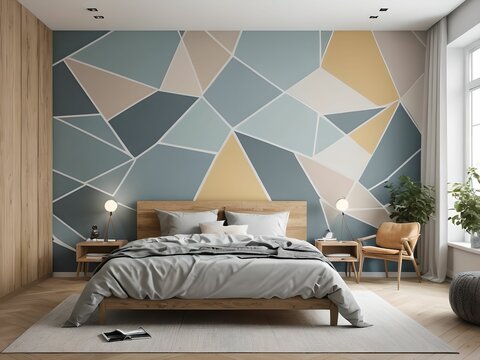 minimalist wallpaper depicting a bed in a bedroom, with a decorative wall with abstract words. Modern scene.