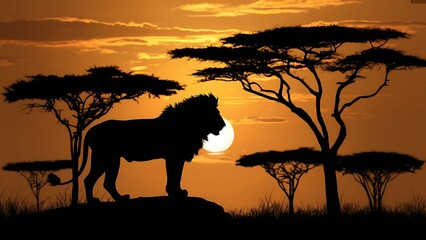 Fototapeta premium An illustration of the silhouette of a lion animal at sunset landscape design.