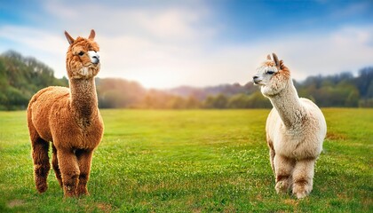 Obraz premium nature farm alpacas, grass field background, Fresh and Relax concept. For montage product display or design key visual layout. View of copy space