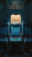 Obraz premium Empty train seats with blue upholstery beside a window during daylight hours
