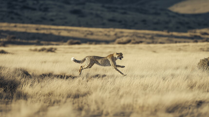Cheetah Running Through Tall Grass in Savanna Landscape