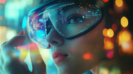 Woman Wearing Futuristic Glasses with Digital Interface Reflection