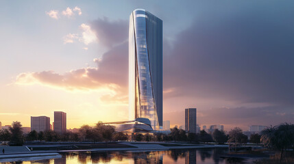 Modern Skyscraper at Sunset with City Skyline Reflection in Water