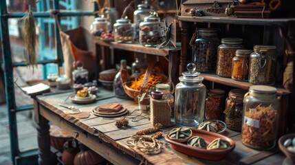 Fototapeta premium Vintage Apothecary Jars on Rustic Wooden Table with Dried Herbs