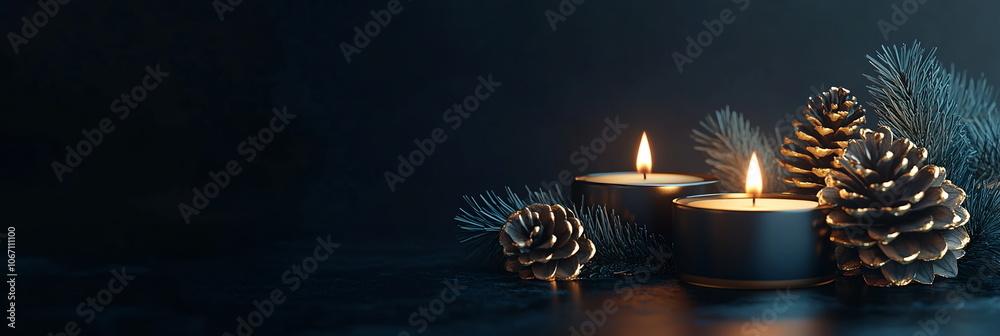 Fototapete elegant banner with golden candles and pinecones on a dark navy solid background thanksgiving day ho