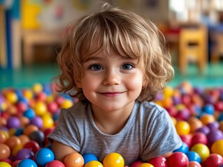 Obraz premium A little boy sitting in a ball pit filled with colorful balls
