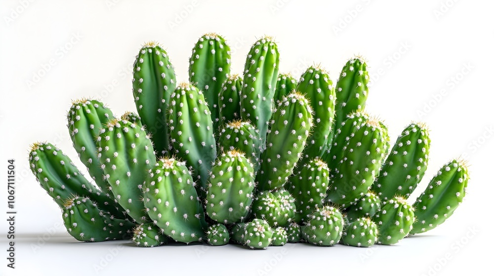 Fototapete Vibrant Green Prickly Cactus Cluster in Minimal Natural Composition. Close-up of a group of various succulent cactus plants with spiky thorns and textured patterns against a plain white background.