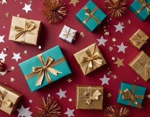 Colorful festive gifts wrapped in gold and teal with sparkly decorations on a red background.