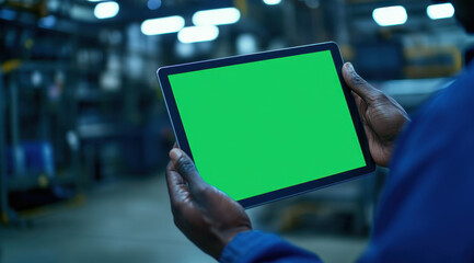 An industrial worker is shown using a tablet with a green mock-up screen in a factory environment.