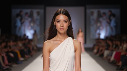 Fototapeta premium A Stunning Fashion Model With a Flawless Look Showcasing an Elegant One-Shoulder Gown on the Catwalk.