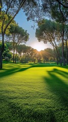 Obraz premium Sunset over a lush green golf course with tall trees in the foreground during late afternoon