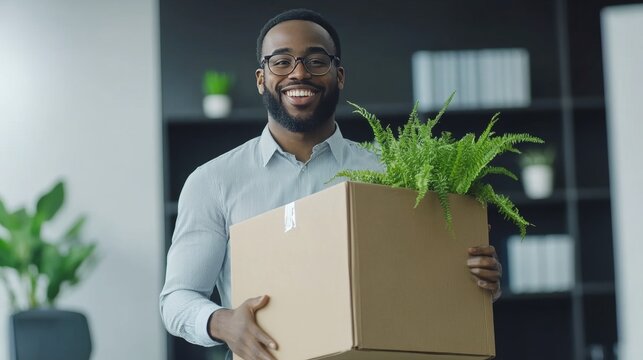New employee begins journey with personal belongings and plant in a contemporary office space