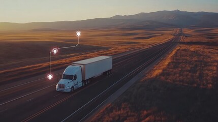 White truck navigating highway with visible route tracking and gps icons for location data