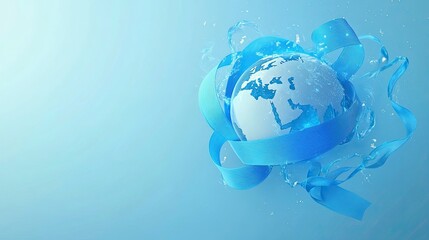 Obraz premium Concept of World Diabetes Day , The world is surrounded by a blue ribbon pin , free space on the left side , on blue background , illustration , generative ai