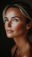 A woman with blue eyes looking up at the camera