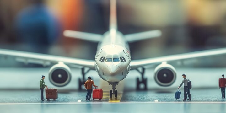A miniature scene depicting travelers near an airplane with luggage.