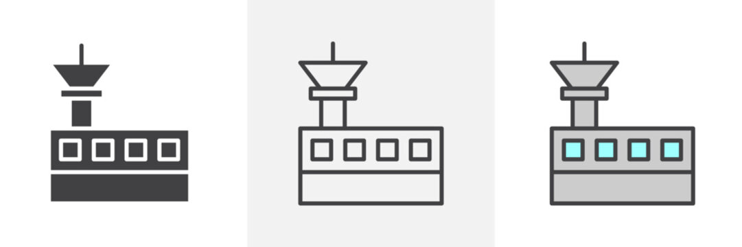Flight control tower icon in black and colored style.