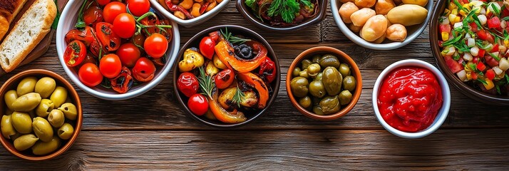 A selection of vibrant Mediterranean dishes arranged on a wooden table, showcasing fresh, colorful foods and rich flavors.