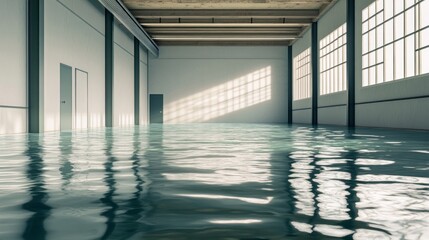 modern warehouse with wet floor,