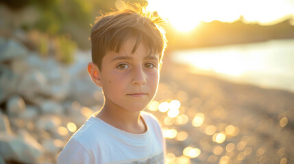 Young Albanian boy experiencing the golden hour by the seaside - Powered by Adobe