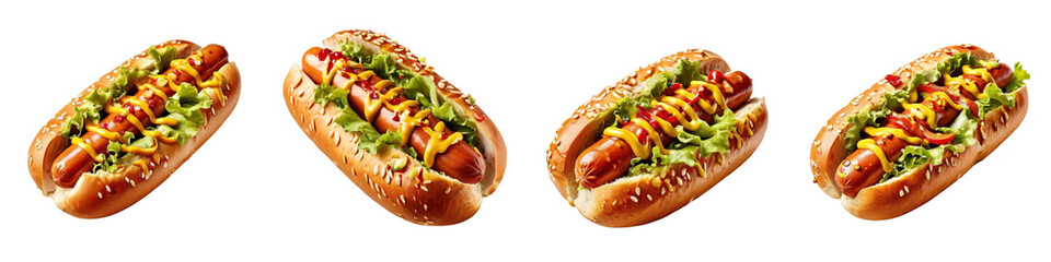 Delicious hot dogs with toppings like mustard, ketchup, and fresh vegetables, perfect for summer barbecue or picnic. Enjoy savory flavors!