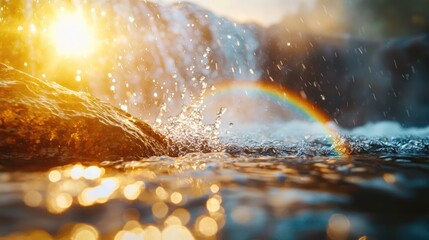 Fototapeta premium Water falling in sheets over a rocky ledge, catching sunlight and creating rainbows in the mist, waterfall with rainbow, nature s beauty and power