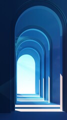 Fototapeta premium A serene blue corridor with archways, creating a calm and inviting atmosphere, illuminated by soft light.