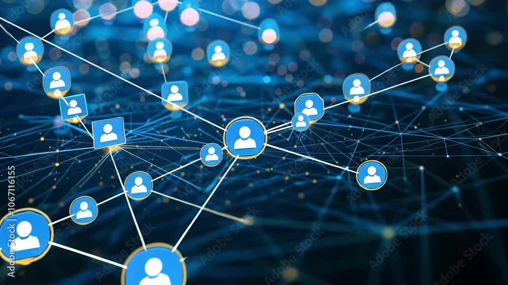 Poster complex network connections are glowing on a dark blue background with data points forming a map and