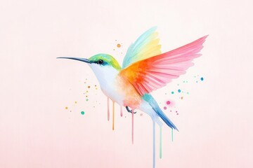 Fototapeta premium Colorful watercolor painting of a bird with rainbow wings