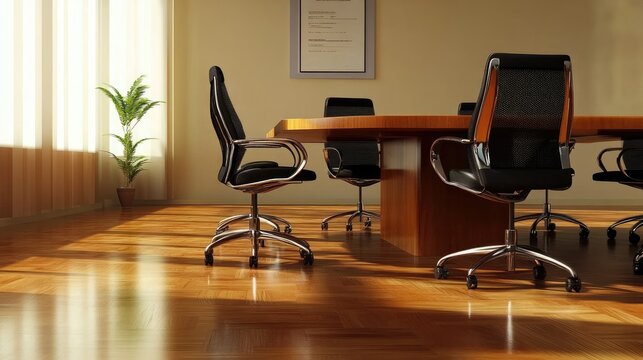Modern Conference Room with Wooden Table and Chairs