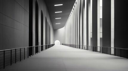 A long hallway in a building with columns and a light at the end