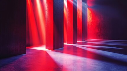 Modern art installation with red lights illuminating concrete columns