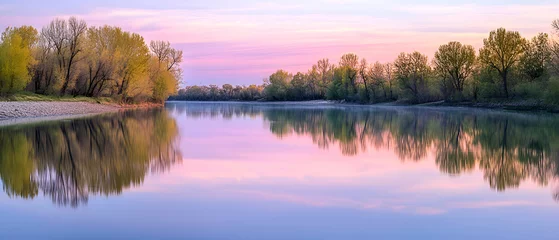 Fototapete Rund Tranquil River at Sunrise with Trees Reflected in the Water. © Mohan