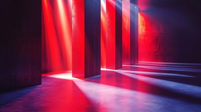 Modern art installation with red lights illuminating concrete columns