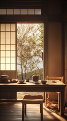 A tranquil indoor scene featuring a wooden table set for a meal, illuminated by soft sunlight in a serene Japanese home.