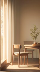 Calm interior scene featuring a wooden chair and table with soft natural light and a green plant.