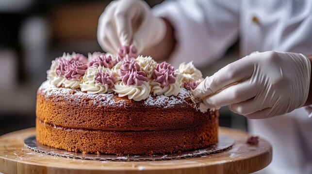 Pastry chef decorating cake with frosting.