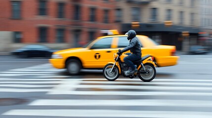 Dramatic intersection collision between a speeding yellow taxi and motorcycle both vehicles skidding to an abrupt stop on the busy urban street amid blurring motion and chaos