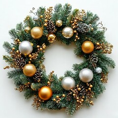 Elegant Christmas wreath decorated with balls and pine cones. The perfect holiday decoration for a cozy seasonal atmosphere.